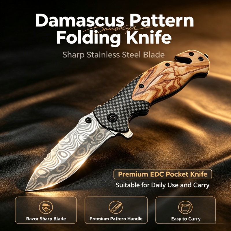 Edc Concealed Carry Knife - سكين قابل للطي بنمط دمشقي، شفرة